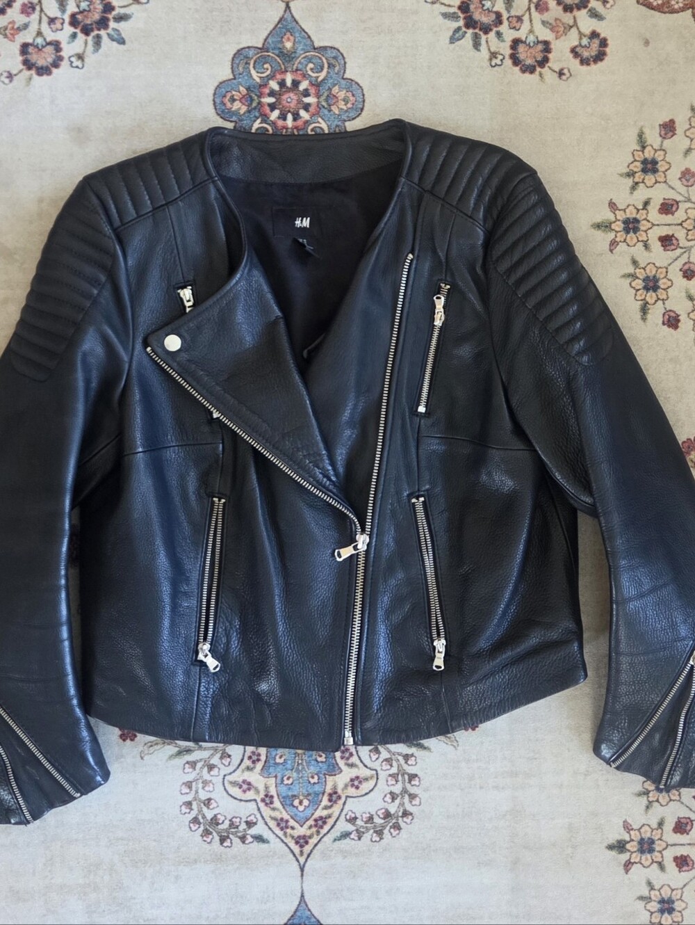 H&M Black Quilted Leather Moto Jacket-Size 12